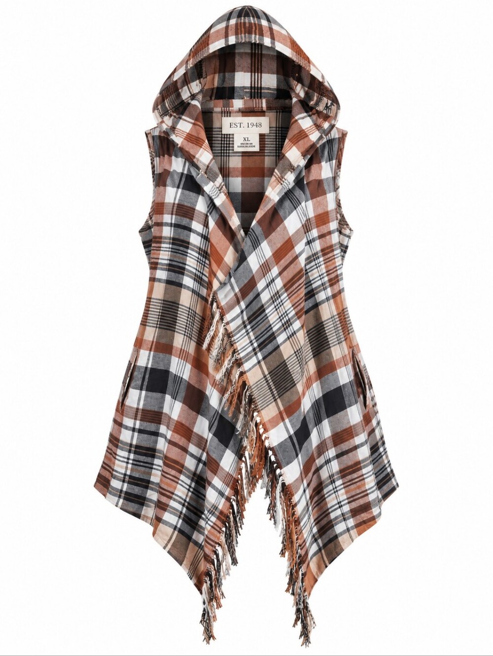 EST. 1948 CATO | Plaid Hooded Waterfall Fringe Cotton Vest Brown Black | XL